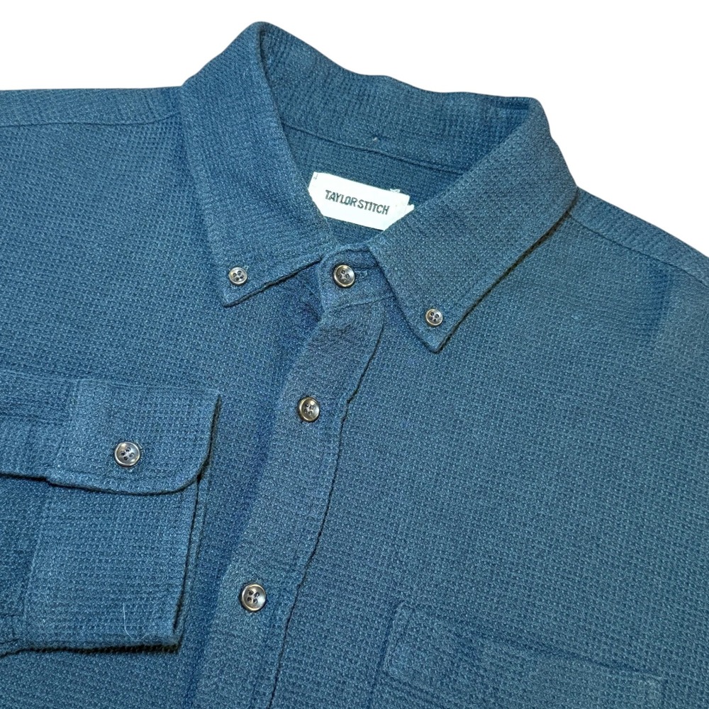 Taylor Stitch Mens Waffle Knit Button Down Shirt Black Organic Cotton Size 44 XL